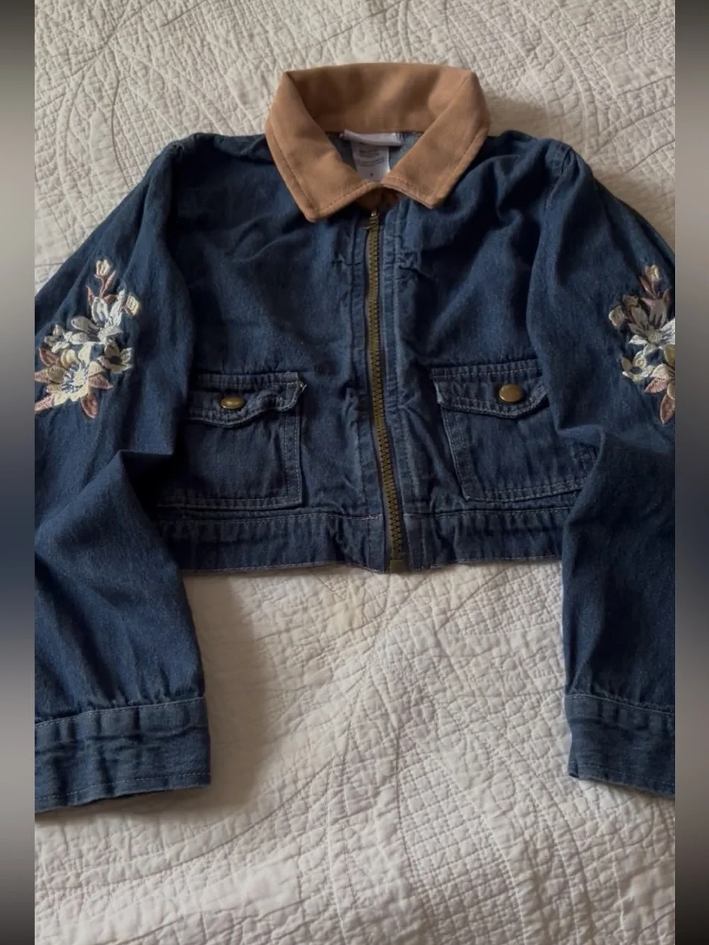 Little Lass Navy Denim Jacket and Vest Set with Tan Collar & Floral Embroidery